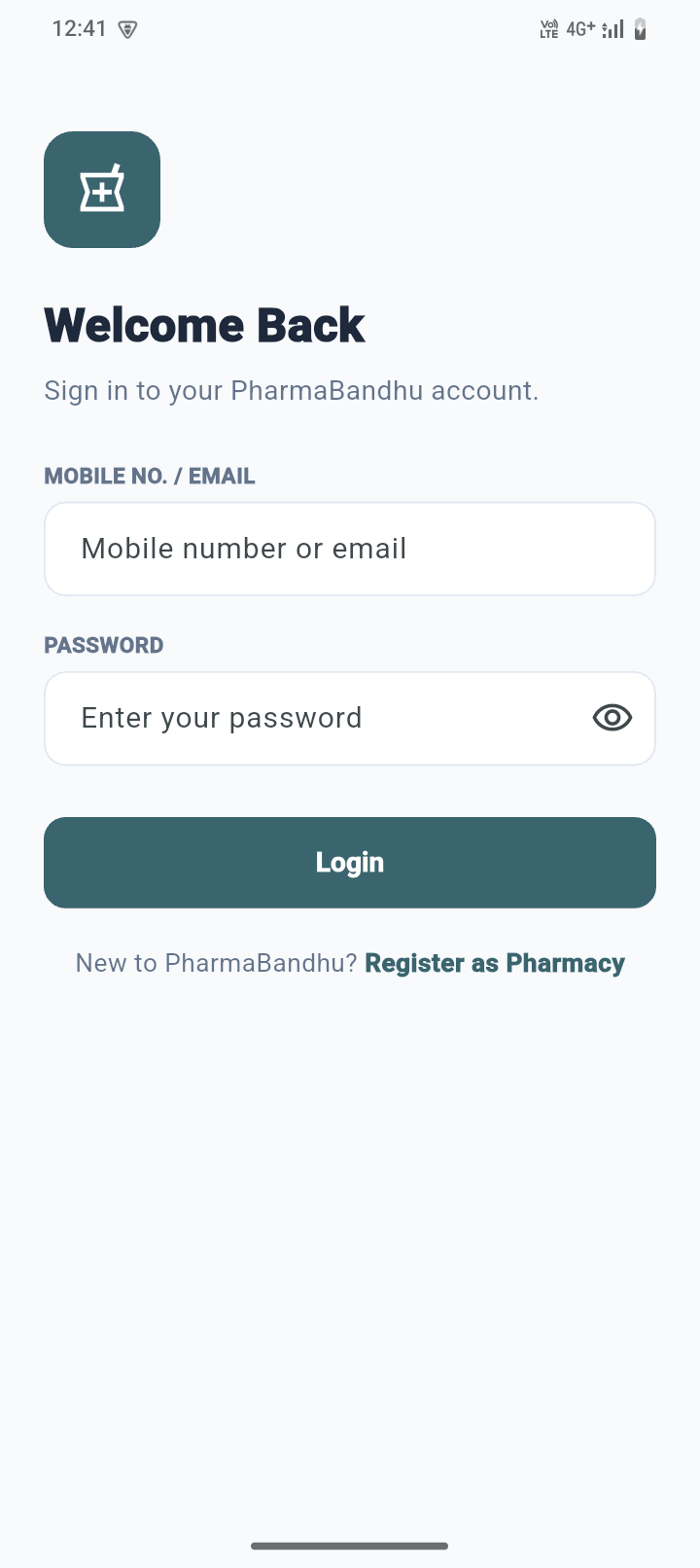 PharmaBandhu app login screen — real screenshot